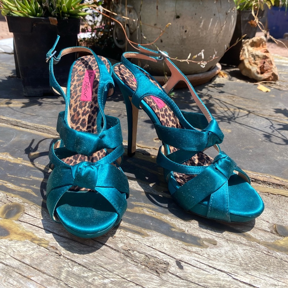 Betsey Johnson teal satin heeled sandals